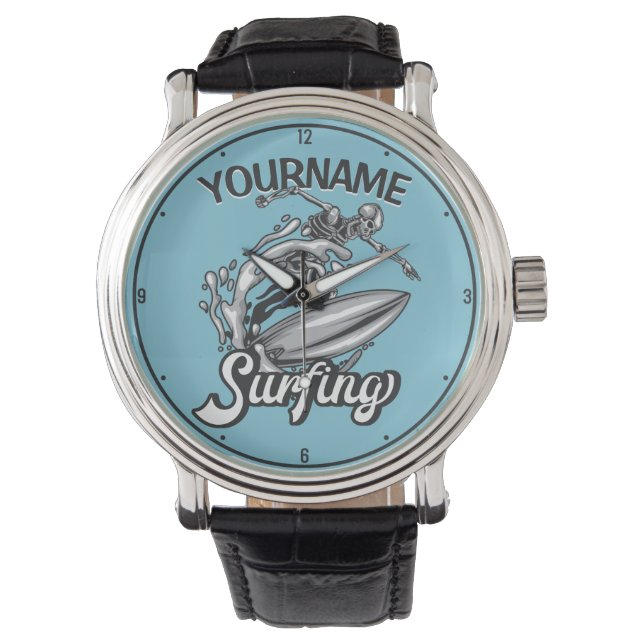 Personlig NAMN Surfer Big Wave Skeleton Surfing Armbandsur (Framsida)