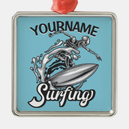 Personlig NAMN Surfer Big Wave Skeleton Surfing Julgransprydnad Metall