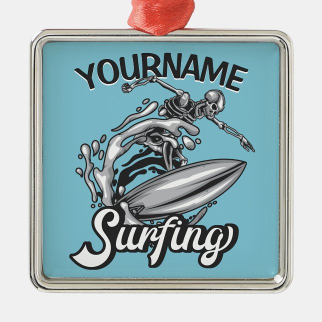 Personlig NAMN Surfer Big Wave Skeleton Surfing Julgransprydnad Metall (Framsidan)