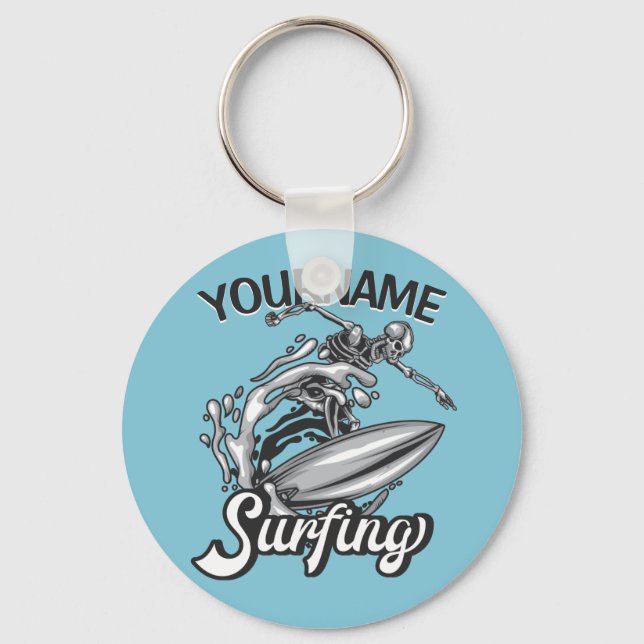 Personlig NAMN Surfer Big Wave Skeleton Surfing Nyckelring (Framsida)