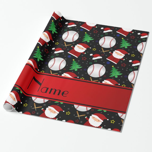 Personlig namn svart baseball christmas presentpapper (Utrullad)