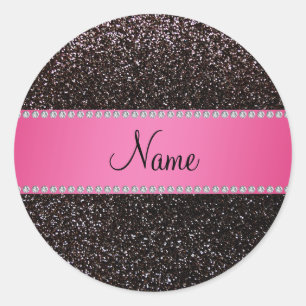 Personlig namn svart glitter rosa rand runt klistermärke