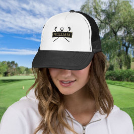 Personlig namn svart guld golfboll och klubbor keps