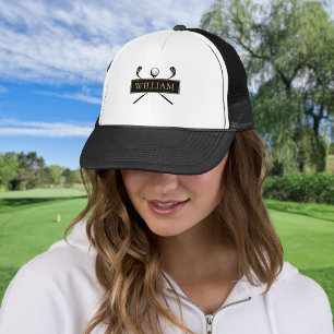 Personlig namn svart guld golfboll och klubbor keps