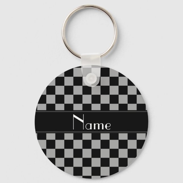 Personlig namn svart och grått checkers nyckelring (Framsida)