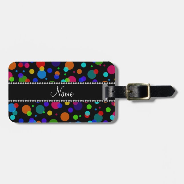 Personlig namn svart regnbåge polka dots bagagebricka (Horisontell Framsida)