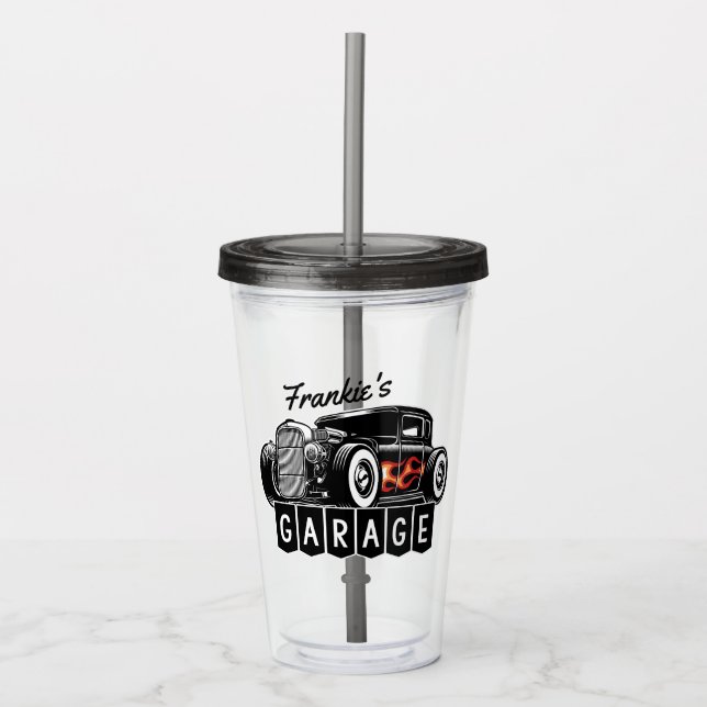 Personlig NAMN Tävla Flames Hot rod Garage Take Away Mugg (Framsida)