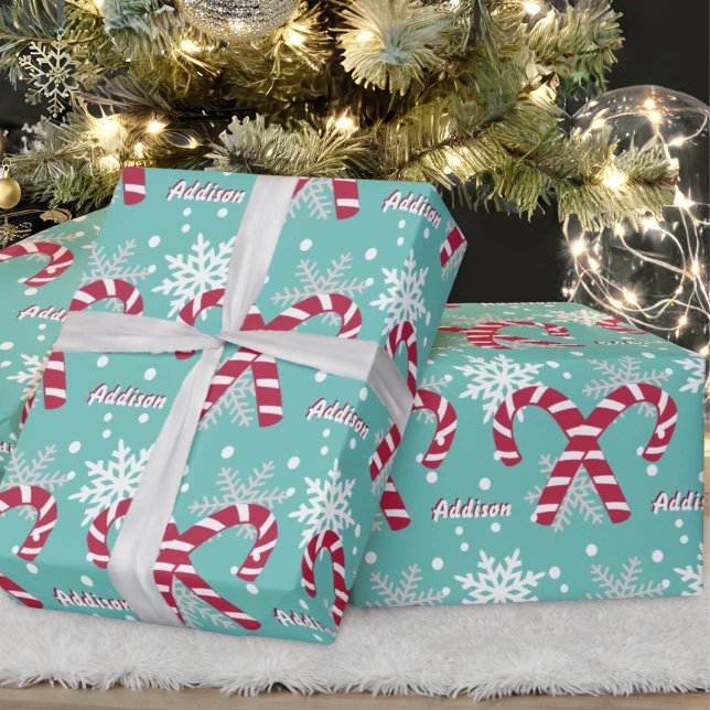 Personlig Namn Teal Snowflake Candy cane Gift Presentpapper (Skapare uppladdad)