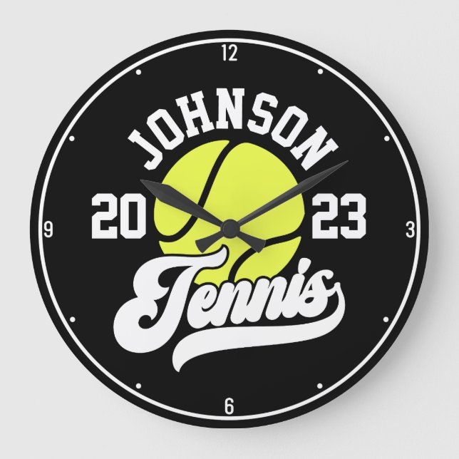 Personlig NAMN Tennis Player Racket Boll Court Stor Klocka (Framsida)