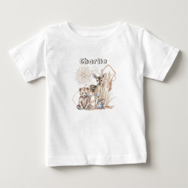 Personlig Namn Text Boho Woodland Forest Animal T Shirt (Framsida)
