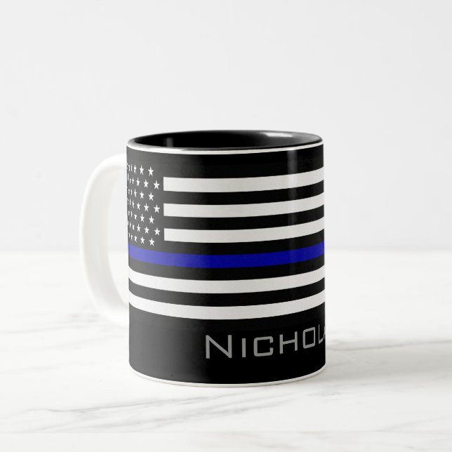 Personlig Namn Thin Blue Line Flagga Två-Tonad Mugg (Framsida vänster)