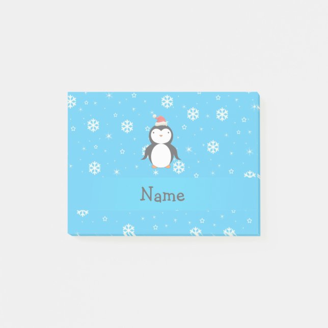 Personlig namn tomtpingvin blå snöflingor post-it block (Framsida)