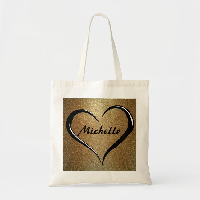 Personlig Namn Tote Bag på Guld & Black Heart Tygkasse (Framsidan)