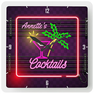 Personlig NAMN Tropical Neon Stil Cocktail Pub Fyrkantig Klocka