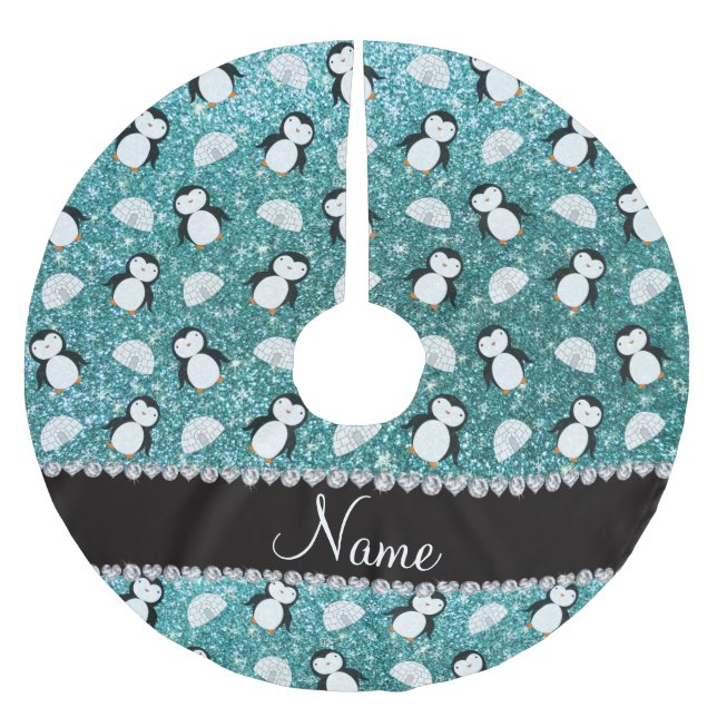Personlig namn-turkos glitter penguins igloo julgransmatta borstad polyester (Framsidan)