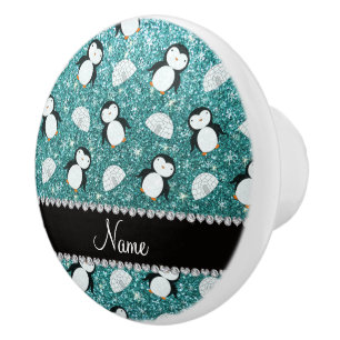 Personlig namn-turkos glitter penguins igloo knopp