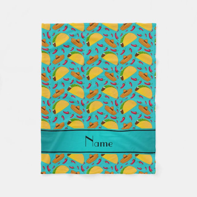Personlig namn turkos tacos sombreros chilis fleecefilt (Framsidan)