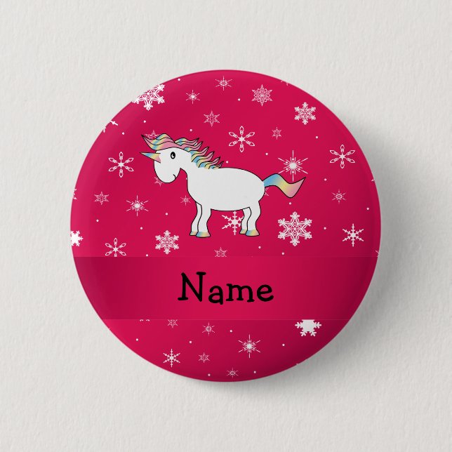 Personlig namn unicorn rosa snöflingor knapp (Framsida)