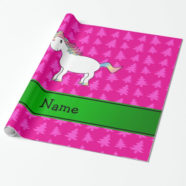 Personlig namn Unicorn rosa träd Presentpapper (Utrullad)