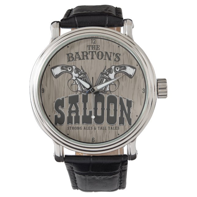 Personlig NAMN Vilda western Gun Revolver Saloon Armbandsur (Framsida)