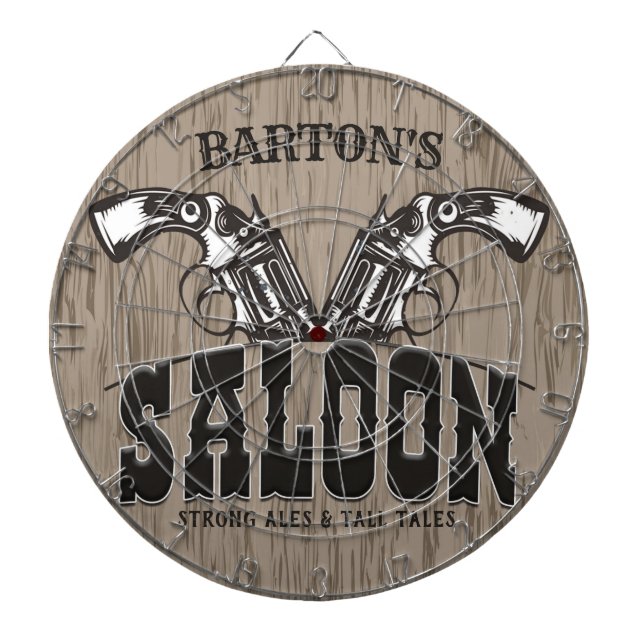 Personlig NAMN Vilda western Gun Revolver Saloon Darttavla (Framsidan)