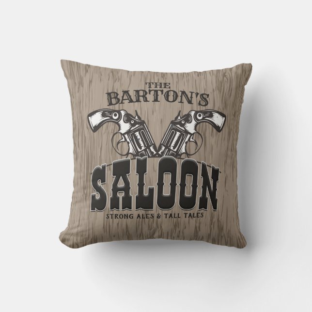 Personlig NAMN Vilda western Gun Revolver Saloon Kudde (Framsida)