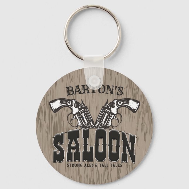 Personlig NAMN Vilda western Gun Revolver Saloon Nyckelring (Framsida)