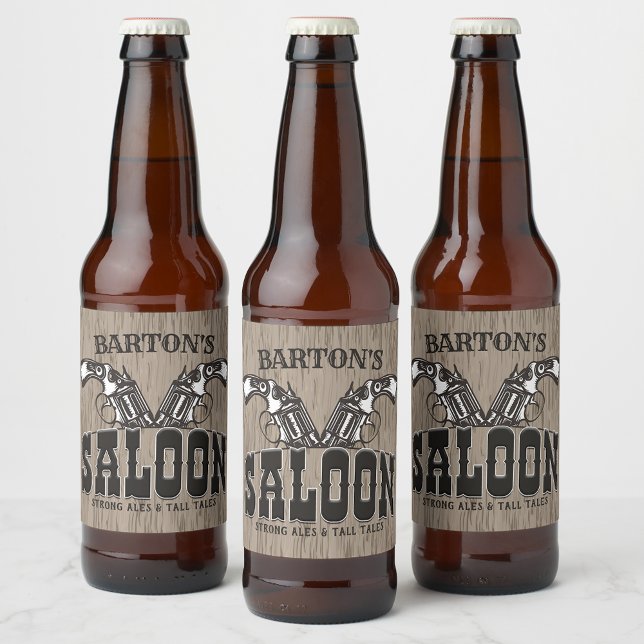 Personlig NAMN Vilda western Gun Revolver Saloon Ölflaska Etikett (Skapare uppladdad)