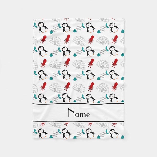 Personlig namn vita penguiner igloofisk bläckfisk fleecefilt (Framsidan)