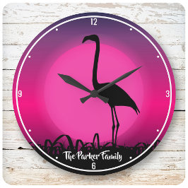 Personlig NAMN Vivid Beach Sunset Rosa Flamingo Stor Klocka