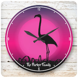Personlig NAMN Vivid Beach Sunset Rosa Flamingo Stor Klocka