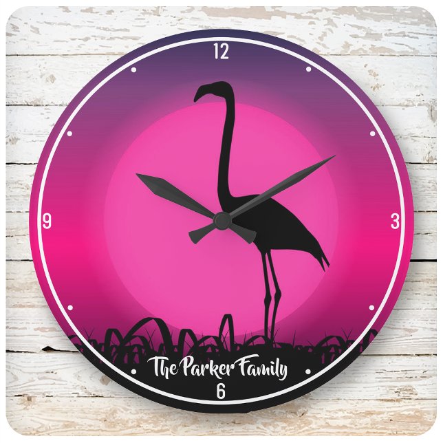 Personlig NAMN Vivid Beach Sunset Rosa Flamingo Stor Klocka (Skapare uppladdad)
