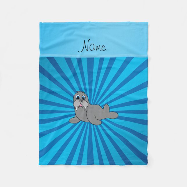 Personlig namn walrus blue sunburst fleecefilt (Framsidan)