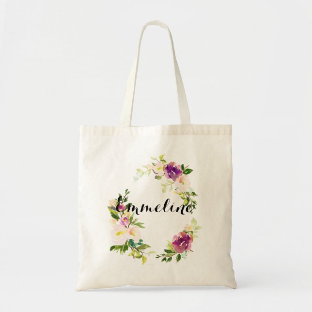 Personlig Namn Watercolor Blommigt Bag Tygkasse (Framsidan)