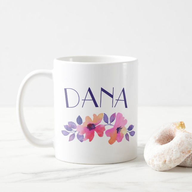 Personlig Namn Watercolor Flowers Coffee Kaffemugg (Med munk)
