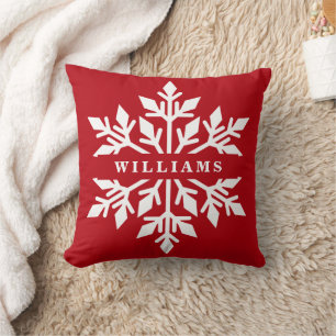 Personlig Namn White och Red Large Snowflake Kudde