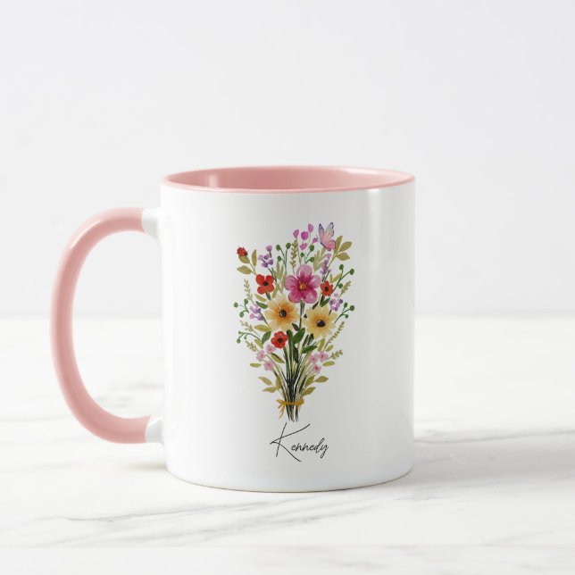 Personlig Namn WildblomBlommigt Rosa Mugg (Vänster)