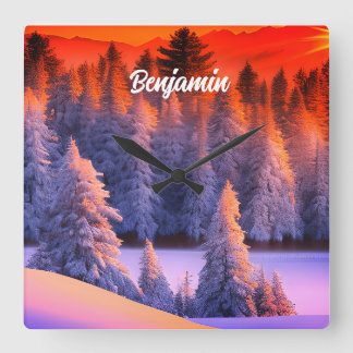 Personlig namn Winter Forest Sunrise Tema Fyrkantig Klocka