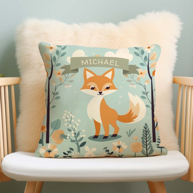 Personlig Namn Woodland Fox, Boy Nursery Kudde (woodland fox, baby boy nursery pillow)