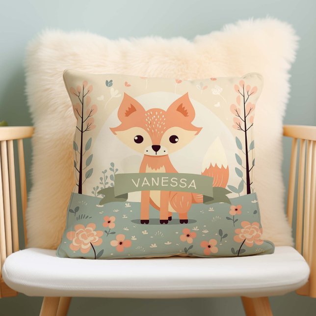 Personlig Namn Woodland Fox, Flicka Nursery Kudde (Woodland fox, baby girl nursery decor.)