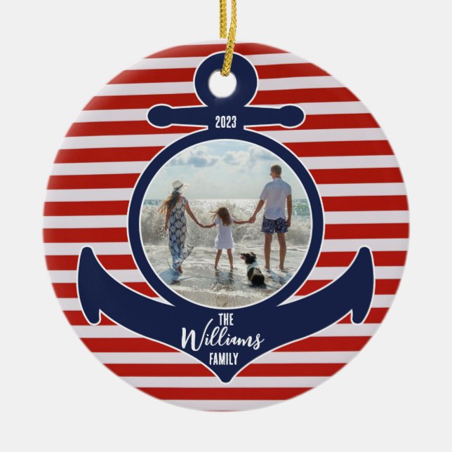 Personlig Namn & Year Red White & Blue Anchor Julgransprydnad Keramik (Framsidan)