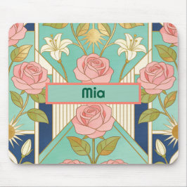 Personlig namnkunst Art Deco Rosa Rosor Blommig Musmatta