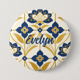 Personlig namnkunst i Art Deco-marinblå och guldbl Knapp