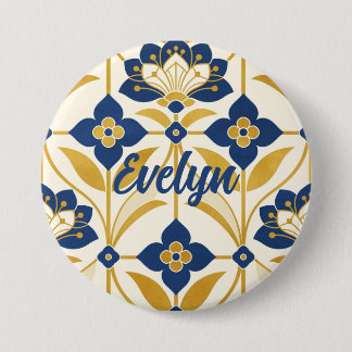Personlig namnkunst i Art Deco-marinblå och guldbl Knapp