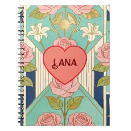 Personlig namnkunst i Art Deco Rosa rosor Blommig Anteckningsbok