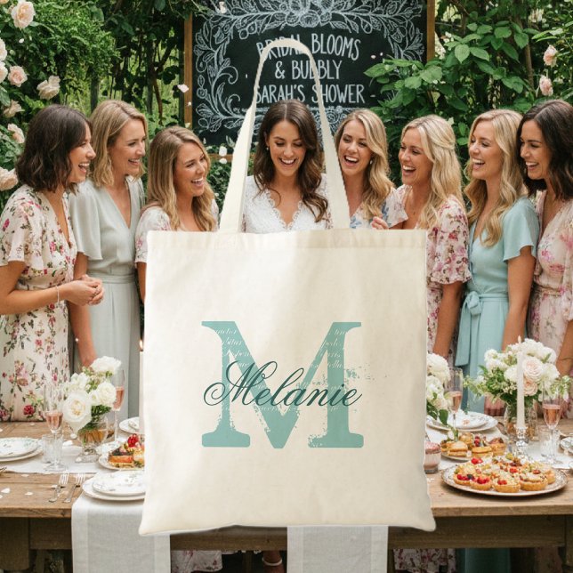Personlig namnmonogram väskor | Turkos (Elegant tote bag with teal blue typography)
