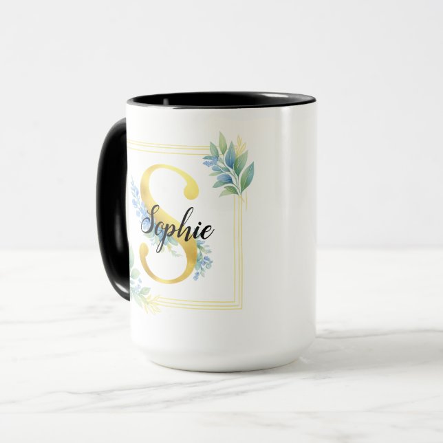 Personlig Namnmugg • Guld och Blommig Initial Mugg (Framsida vänster)