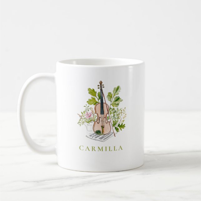 Personlig namnpresent med blomsterfiol och grönska kaffemugg (Vänster)