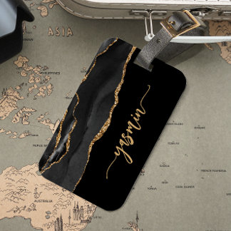 Personlig Namnteckning Black Guld Agate Bagagebricka