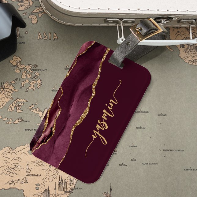Personlig Namnteckning Burgundy Red Guld Agate Bagagebricka (Skapare uppladdad)